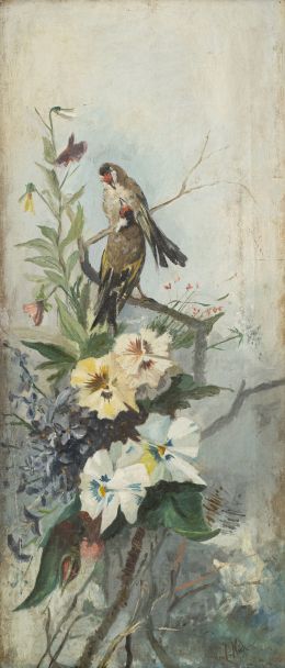 894.  JOSÉ DEL NIDO Y NAVAS (1860-1912)Pareja de bodegones con flores y aves