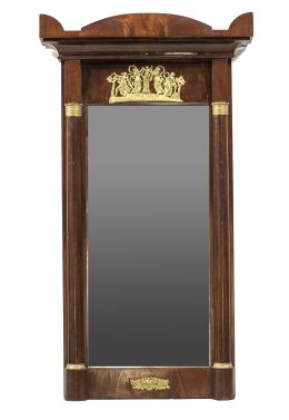 1248.  Espejo imperio de madera de caoba y palma de caoba, con aplicaciones de bronce dorado.Francia, S. XIX.