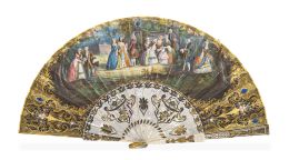 1099.  Abanico con país pintado e iluminado con varillaje de nácar