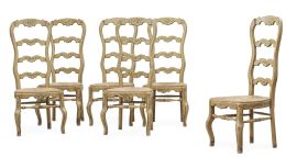 1209.  Juego de seis sillas de madera lacada, decorada con hojas y asiento de enea.Italia, S. XIX.