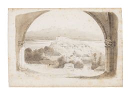 922.  FRANCISCO JAVIER PARCERISA Y BOADA (Barcelona, 1803-1875) Vista desde el pórtico de una iglesia