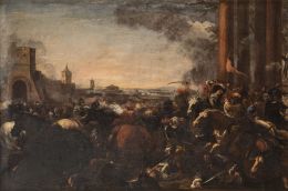 834.  SEGUIDOR DE JACQUES COURTOIS, IL BORGOGNONE ( Escuela italiana, siglo XVII)Escena de batalla sobre un paisaje