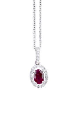207.  Colgante de rubí oval orlado de brillantes y con reasa de brillantes, con cadena fina graduable en dos tamaños