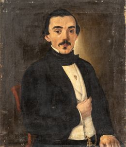 873.  ESCUELA ESPAÑOLA, SIGLO XIXMatrimonio: Retrato de caballero y retrato de dama con retrato en miniatura de su esposo en el broche