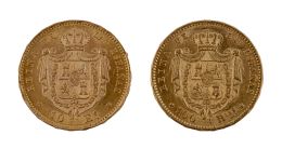 414.  Dos monedas de diez escudos y cien reales de Isabel II en oro. 1864 y 1868