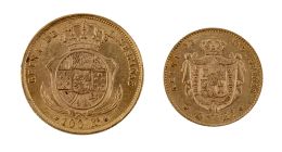 415.  Dos monedas de cuatro escudos y cien reales Isabel II en oro. 1860 y 1866