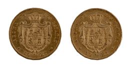 416.  Dos monedas Fernando VII en oro