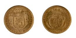 418.  Dos monedas de cien reales de Isabel II en oro. De 1855 y 1