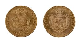 411.  Dos monedas de Isabel II en oro 