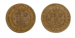 412.  Dos monedas de diez escudos de Isabel II en oro. 1865