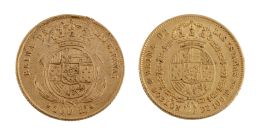 413.  Dos monedas de cien reales de Isabel II en oro. 1850 y 1861