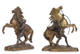 603.  Caballos de Marly. Siguiendo el modelo de Guillaume Coustou (1677-1746).Esculturas en bronce patinado y dorado.Escuela francesa, S. XIX. 