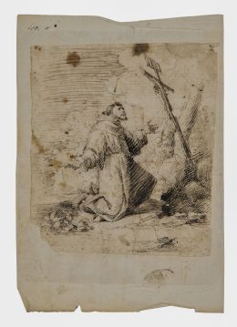 803.  ESCUELA ANDALUZA, SEGUNDA MITAD DEL SIGLO XVIISan Francisco meditando en un paisaje (averso)Simón ayuda a Jesús a cargar con la cruz camino al calvario(reverso)