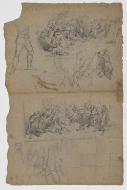 788.  ESCUELA ESPAÑOLA, SIGLO XIXEstudios de un fusilamiento, figura de soldado y soldados con espada (anverso) y Estudio de figuras y rostros (reverso