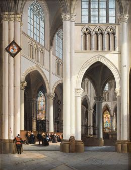 872.  ÉMILE PIERRE JOSEPH DE CAUWER (1828-1873) Vista de un interior de iglesia con escudo heráldico en una de las columnas1853