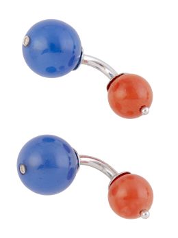 204.  Gemelos dobles con esfera de coral y de ágata azul decorada con brillante