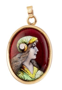 69.  Colgante oval de esmalte de Limoges con retrato de dama en marco ovalado