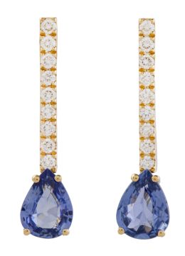 352.  Pendientes largos con zafiros en talla perilla que penden de línea rivière de brillantes 