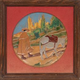 1388.  Daniel Zuloaga (1852-1921)."Campesino con burro".Plato de cerámica esmaltada con la técnica de arista. 