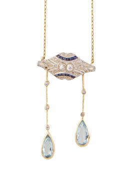 79.  Pendentif Art-Decó con diseño geométrico calado de diamantes y zafiros, con dos gotas de aguamarinas colgantes