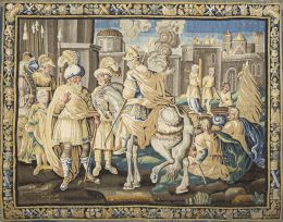 548.  Tapiz en lana con escena narrativa. Marcado:  "M-RDEFELETIN.B".Felletin, Aubusson, finales del S. XVII - principios del S. XVIII.