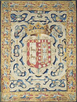 648.  Tapiz repostero en lana con el escudo del I duque de Montoro*. Marcado "B B. F.V.H.".Taller de Franz Van der Hecke, Bruselas - Bravante, S. XVII.