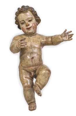 513.  Niño Jesús.Madera tallada y policromada, con ojos de pasta vítrea.España, finales del S. XVII.