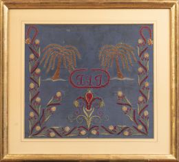 655.  Bordado en seda azul con hilos de colores con iniciales y vegetación.Finales del S. XIX - principios del S. XX.