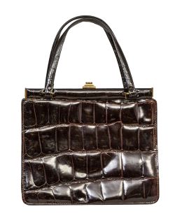 365.  Bolso vintage en piel de cocodrilo en marrón oscuro con dos