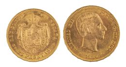 326.  Moneda de 25 pesetas de Alfonso XIII en oro. 1880. MS.M.
