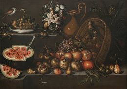753.  BLAS DE LEDESMA (Activo en Granada entre 1602 y 1617)Pareja de bodegones con aves, frutas y flores