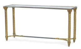 595.  Consola de metal dorado con tapa de cristal.Años 90.