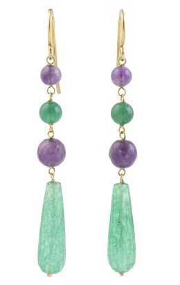 168.  Pendientes largos con cuentas esféricas de ágata verde y amatista, rematados en perilla de ágata verde