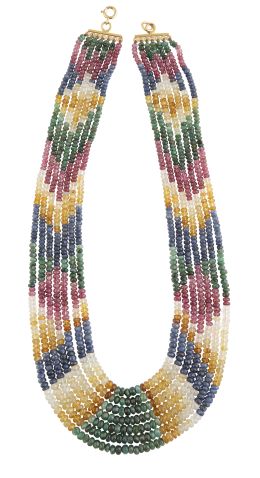 254.  Collar de siete hilos de esmeraldas, zafiros azules, rosas 