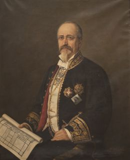 794.  ALEJO VERA Y ESTACA (Viñuelas, Guadalajara, 1834-Madrid, 1923)Retrato del arquitecto Francisco Jareño sujetando el plano de la tercera planta de la Biblioteca Nacional