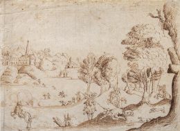 741.  ESCUELA FLAMENCA, H. 1700La caza de un jabalí sobre un paisaje