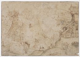 742.  ESCUELA FLAMENCA, H. 1700Vista de un paisaje con aldea, escena en el exterior de una taberna y puente