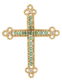 215.  Cruz colgante realizada en oro amarillo, con centro de esmeraldas y diamantes en extremos lobulados