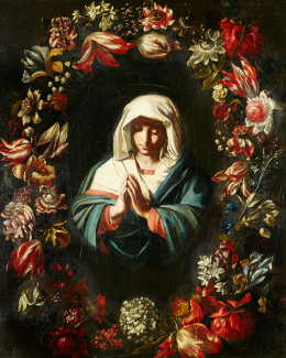 870.  SEGUIDOR DE SASSOFERRATO (Escuela italiana, S. XVII)Virgen orante con el Niño en una orla de flores..