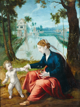 894.  CÍRCULO DE GOSSAERT (Amberes, h. 1530)“Descanso en la Huida a Egipto” o “Alegoría de la Castidad intentando retener al Amor”.