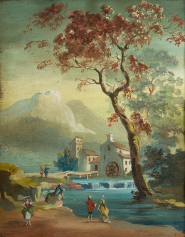 705.  J. DUBARCAU (Escuela francesa, S. XIX)Figuras en un paisaje junto a un río..