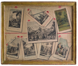 873.  ESCUELA ITALIANA, SIGLO XVIIITrampantojo con grabados de: “Danza e musica degli ottentotti”, “Uomo e Donna ottentotti”, “Maniera di battere ilgrano degli ottentotti”, “Funerale cinesi cavati da Duhalde”, “Sepolcri dei re di Guinea tratti de Brey- Pasqual.