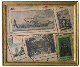 876.  ESCUELA ITALIANA, SIGLO XVIIITrampantojo con grabados de: “Piroghe di guerra della Nuova Zelanda”, “Uoma e donna Caraibi. 1. Mazza, 2.Paniere, 3.Caracola”, “Il Capitano Wallis sa visita alla Regina Oberea che gli viene incontro”, “Abiti delle donne del K.