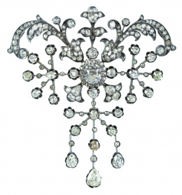 293.  Broche c.1850 de brillantes de talla antigua, con centro de diamante talla cojín de 3 ct aprox orlado de brillantes