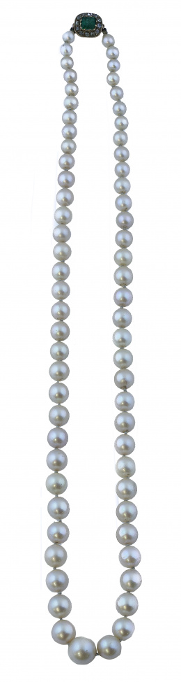 51.  Collar de pp. S. XX de un hilo de perlas de tamaño creciente con cierre de esmeralda orlada de brillantes de talla antigua