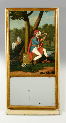 537.  “Trumeau” de madera tallada y dorada con un lienzo al óleo con un personaje tocando un arpa.Trabajo francés, S. XIX.