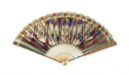 1200.  Abanico con país de papel de arroz litografiado, dorado y pintado a guasch, padrones de hueso y guardas de madera pintadas.h. 1820-1830