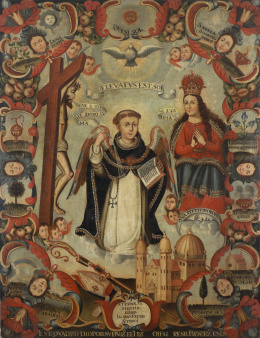 339.  ESCUELA COLONIAL, SIGLO XVIIISanto Tomás de Aquino con Cristo y la Virgen .