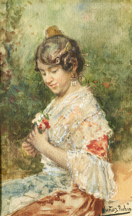 837.  RAMÓN MUÑOZ RUBIO ( Jaén1867-?) Retrato de dama con flores