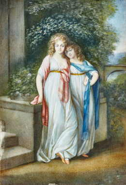 805.  PHILIPPE RONDÉ (1815- 1883)Pareja de damas sobre un paisaje..